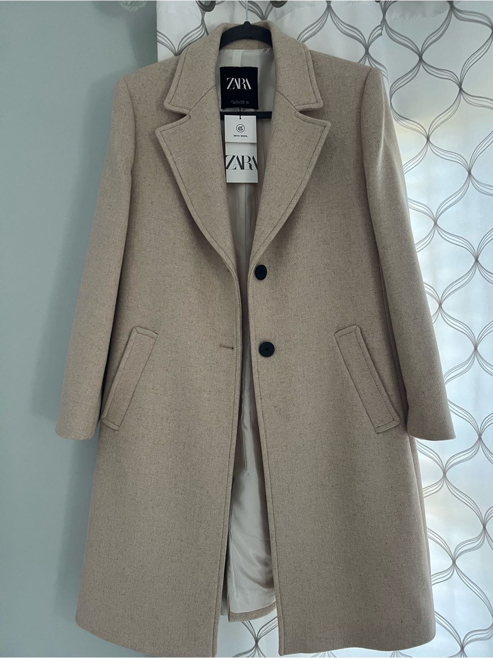 NWT Zara Light Beige Single-Breasted Wool Trench Coat